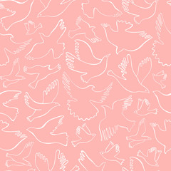 Fototapeta premium Seamless pattern with white lineal birds on pastel background. Vector hand drawn birds