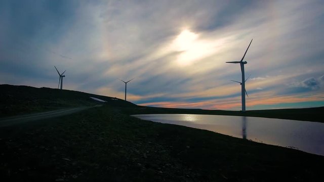 Windmills for electric power production. Arctic View Havoygavelen windmill park, Havoysund, Northern Norway Aerial footage.