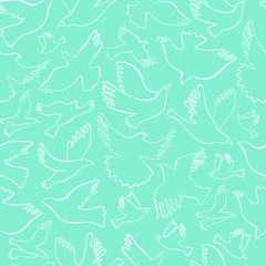 Seamless pattern with white lineal birds on light blue background. Vector hand drawn birds.