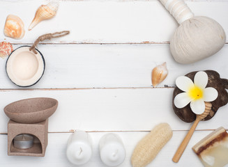 Spa set ,candle ,soap,coconut, massage with white background (top view)
