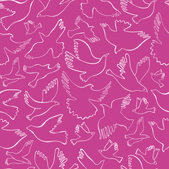 Seamless pattern with white lineal birds on pink background. Vector hand drawn birds.