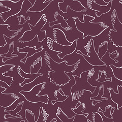 Seamless pattern with white lineal birds on violet background. Vector hand drawn birds.