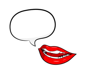 Gossip Red Lips Talking with Speech Bubble. A hand drawn vector cartoon illustration of a mouth with a blank narration bubble.