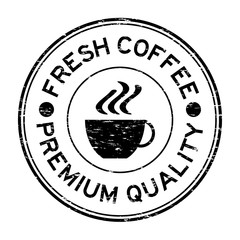 Grunge black fresh coffee premium quality and cup icon rubber st