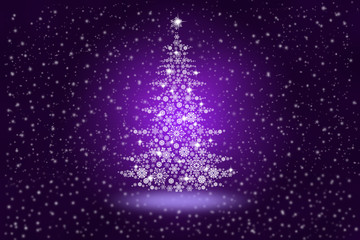 Christmas tree from snowflakes on an abstract color background