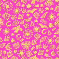 Fototapeta na wymiar Seamless doodle pattern. Vector hand drawn pattern on pink background. Kids theme. Great for package or fabric design. Sketchy style.