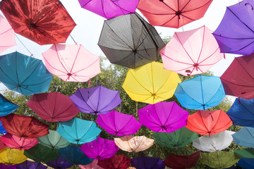 Fototapeta na wymiar Colorful umbrella hang for decorate backdrop celebration in outd