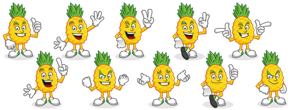 Pineapple mascot pack. Vector set of pineapple characters. Pineapple vector pack.