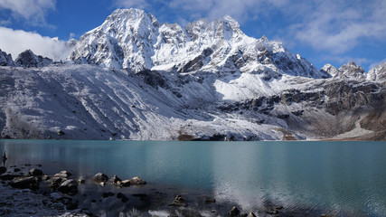 Himalayas. View from Gokyo Ri, 5360 meters up in the Himalaya Mountains of Nepal, snow covered high peaks and lake not far from Everest