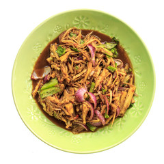 Bamboo shoot spicy salad on white background, thai food