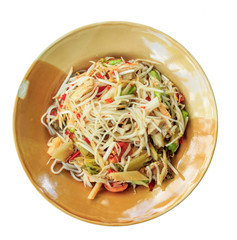 papaya salad on dish with white paper background
