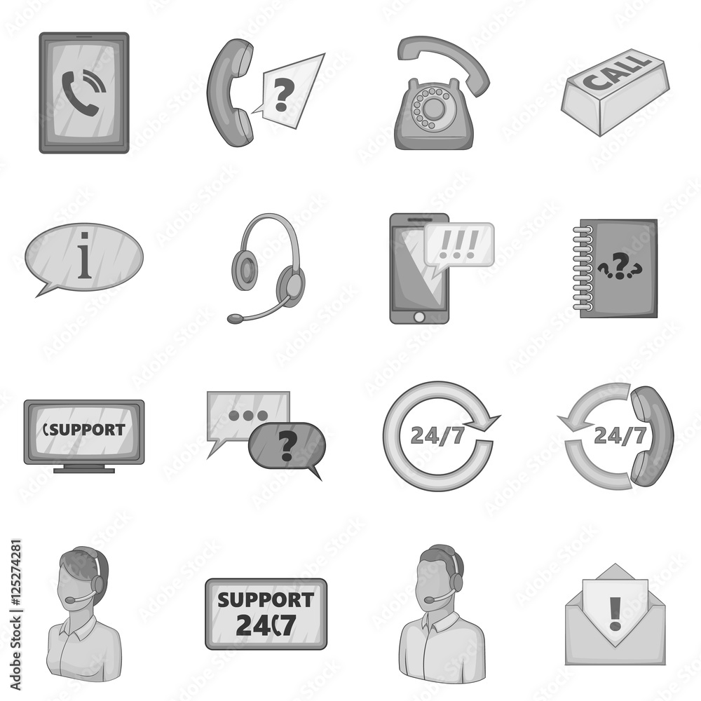 Poster support service icons set. gray monochrome illustration of 16 call support service vector icons for 