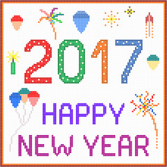 New year 2017 pixel message - 2017 New year message with balloons and fireworks. Square pixels of various colors have been used.