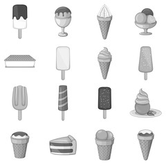 Ice cream icons set. Gray monochrome illustration of 16 ice cream vector icons for web