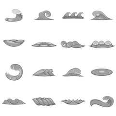 Wave icons set. Gray monochrome illustration of 16 wave vector icons for web