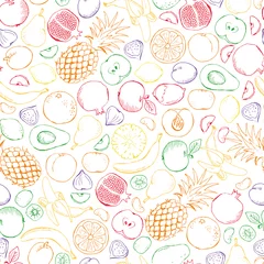 Muurstickers Naadloze patronen van doodle vruchten met gekleurde omtrek op witte achtergrond. vector illustratie © annagarmatiy