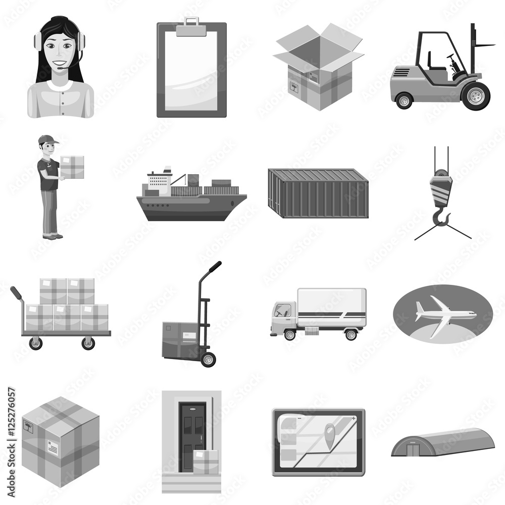 Poster logistic icons set. gray monochrome illustration of 16 logistic vector icons for web