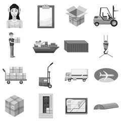 Logistic icons set. Gray monochrome illustration of 16 logistic vector icons for web