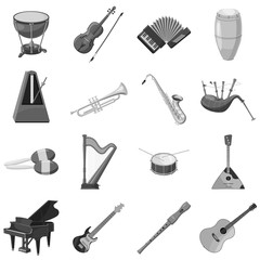 Musical instrument icons set. Gray monochrome illustration of 16 musical instrument vector icons for web