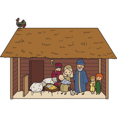 Illustration of a christmas crib with virgin mary and baby jesus