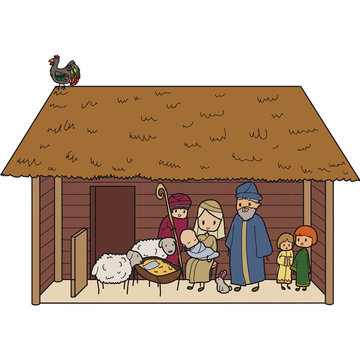 recommend clip art: Illustration of a christmas crib with virgin mary and baby jesus