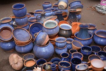 Traditional Ceramic Jugs.Handmade Ukraine Ceramic Pottery in a Roadside Market with Ceramic Pots...
