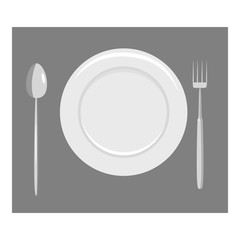 Place setting with empty dish fork and knife icon. Gray monochrome illustration of place setting with empty dish fork and knife vector icon for web