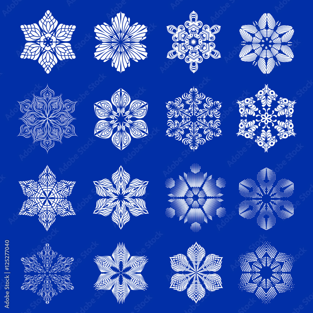 Poster snowflake icons set. simple illustration of 16 snowflakes vector icons for web