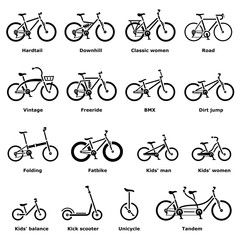 Bicycle types icons set. Simple illustration of 16 bicycle types vector icons for web