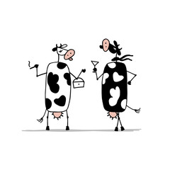 Fototapeta premium Funny cows on the party, sketch for your design