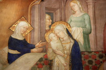 Fresque de la Vierge à l'Enfant à l'oratorio di San Giovanni Battista à Urbino, Italie