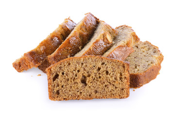 Almond banana bread on white background