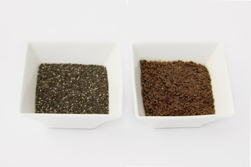 Chia and flax seeds in a ceramic  bowl isolated on white background