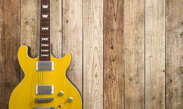 3d illustration cool electric guitar on wooden background Modern grunge and rock style
