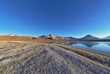 Lake Lejia with mountains in the background.