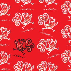 Running Rooster on Red Background. Vector Seamless Pattern.
