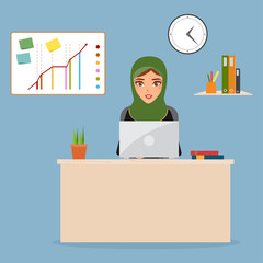 Arab woman character working with computer at office room.