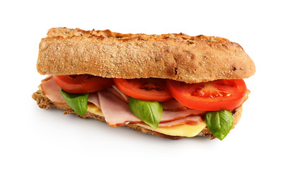 Sandwich with ham, tomato, cheese and basil