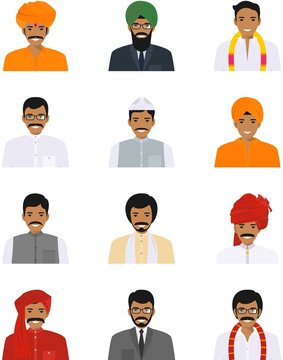Different indian people characters avatars icons set in flat style isolated on white background. Differences hindu ethnic man smiling faces in traditional clothing. Vector illustration.