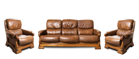 Brown classical sofa on white background.