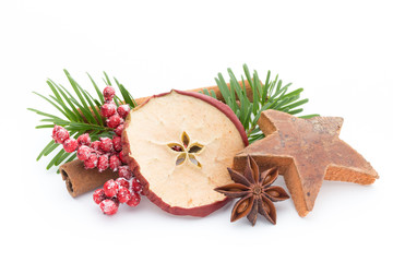 Christmas spices. Apple, anise, stars, cinnamon, pine. Isolated