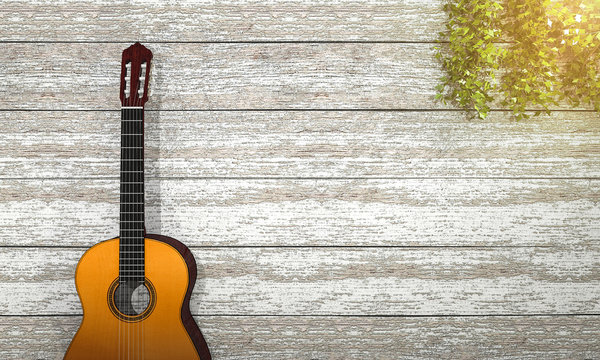 3d rendering classical guitar near vintage wooden wall with ivy