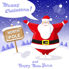 Merry Christmas and Happy New Year background. Santa Claus on snow and sign north pole. Vintage lettering. Concept design greeting card, banner, flyer or poster. Cartoon style. Vector illustration