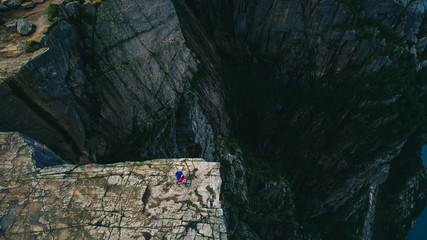 Preikestolen massive cliff (Norway, Lysefjorden summer morning v