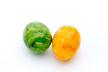 Easter eggs painted in colors on a white background.