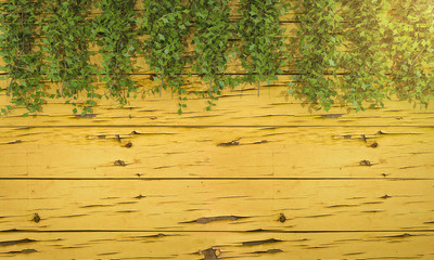 3d rendering ivy vegetation on yellow wooden wall