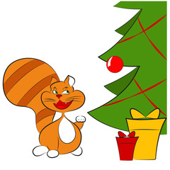 Ginger cat near with christmas tree