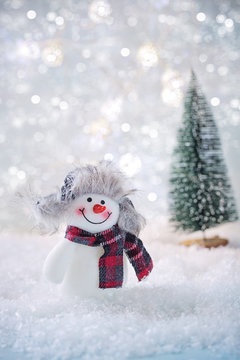 Greeting card with a snowmen on a snowy background .
