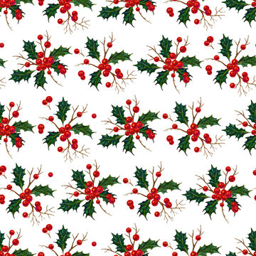Seamless pattern with Christmas holly berries. Vector background