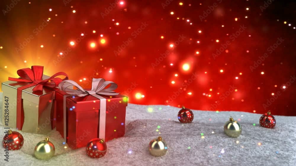 Wall mural christmas gifts in snow on red bokeh background. seamless loop. 3d render.